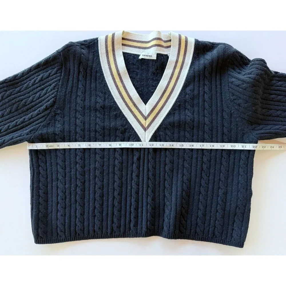 Sandro Contrast Stripe Cable Knit V-Neck Sweater in Navy White & Yellow Size 4 - Picture 14 of 15